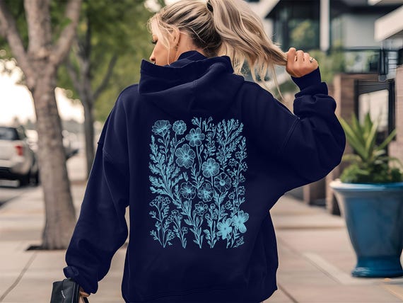 Blue Wildflower Hoodie, Floral Printed Hoodie for Womens, Aesthetic Flower Jumper, Cottagecore Gifts, Nature Lover Hoodie, Gardeners Gifts
