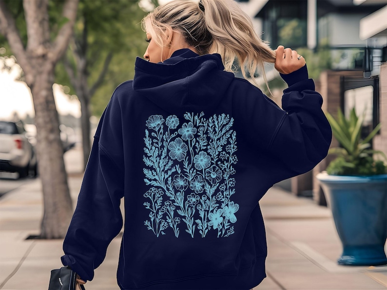 Blue Wildflower Hoodie, Floral Printed Hoodie for Womens, Aesthetic Flower Jumper,