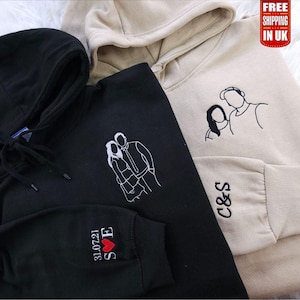 Embroidered Couple Portrait Hoodie, Personalised Outline Sketch from Photo Hoodie, Custom Initial on Sleeve Matching Jumper, Christmas Gifts
