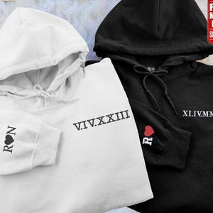 Embroidered Roman Numeral Hoodie, Custom Anniversary Date Hoodie, Initials on Sleeve, Valentines Couple Matching Hoodies, Gift for Boyfriend