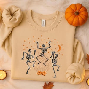 Dancing Skeleton Embroidered Sweatshirt, Funny Halloween Crewneck Sweater, Spooky Fall Gift for Her, October Cozy Skull Shirt for Autumn