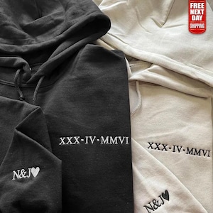 Embroidered Roman Numerals Hoodie, Custom Anniversary Date Couple Hoodies, Initials on Sleeve, Valentines Matching Jumpers, Boyfriend Gifts