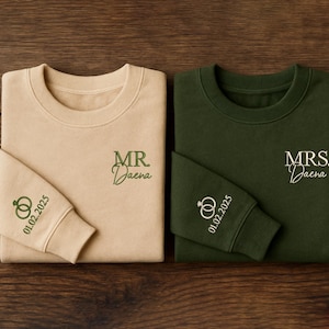 Suéteres bordados Sr. e Sra., gola redonda personalizada para casal, presente de casamento personalizado para noivos, suéteres para viagem de lua de mel