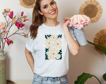 Koszulka z kwiatem stokrotki, koszulka z dzikimi kwiatami, koszulka z kwiatami boho, koszulka z kwiatami dla kobiet, letnia koszulka botaniczna, prezent dla mamy, estetyczna koszulka z stokrotkami