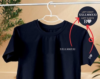 Embroidered Roman Numeral T-Shirts, Personalised Initials Couple Matching Shirt, Custom Wedding Date Tees, Valentines Day Gift for Boyfriend