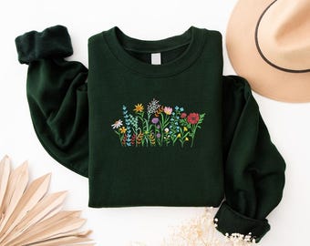 Sudadera con bordado floral, suéter bohemio con flores silvestres, jersey con flores prensadas, camiseta con flores botánicas, regalo único para jardineros.