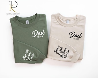Custom Dad Sweatshirt with Kids Names on Sleeve, Personalised Father's Day Gift, Dad EST Year Printed Jumper, New Dad Gift, Birthday Present
