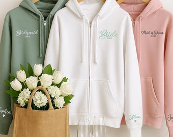 Personalised Bridesmaid Zip Hoodie, Custom Embroidered Special Date Hoodie, Bridal Party Gift, Wedding Morning Jumpers, Hen Do Party Gifts