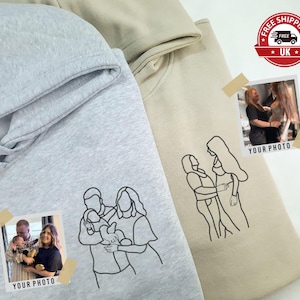 Embroidered Family Photo Portrait Hoodie, Custom Faceless Outline Sketch Hoody, Personalised Date or Initial Jumper, Memorial Gift for Him