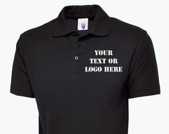 Persoanlised Text & Logo Polo Shirt, Custom Printed Designs T Shirts,  Company Logo Monogrammed Tops, Any Text Golf Shirts, Free UK Delivery