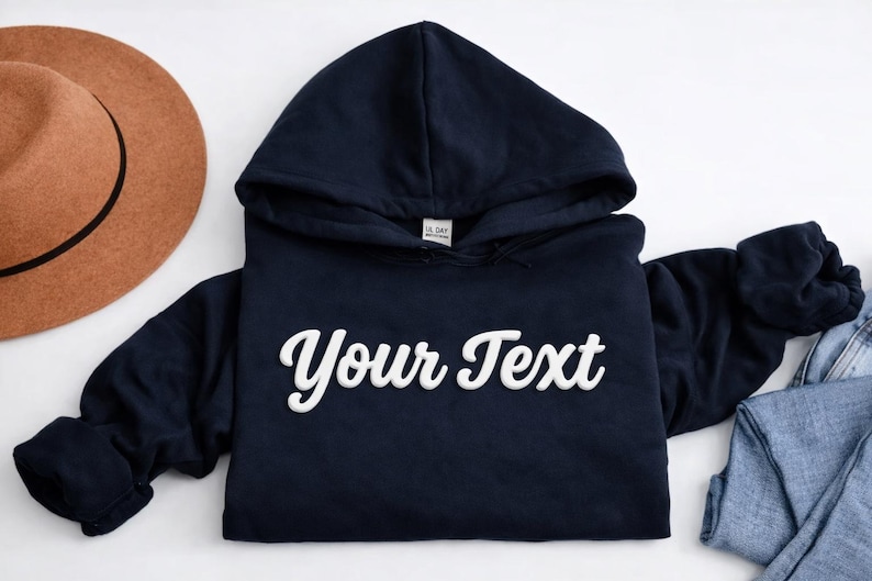 May include: Navy blue hooded sweatshirt with the text "Your Text" in a white, cursive font. A brown hat and a pair of blue jeans are also in the image. The sweatshirt has a drawstring hood and long sleeves.