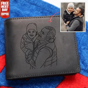 May include: Black leather wallet with a custom engraved image of a person holding a child. The wallet has a rectangular shape and a stitched border. A small image of the people in the engraving is in the upper right corner. The words "FREE NEXT DAY SHIPPING" are in a red oval.