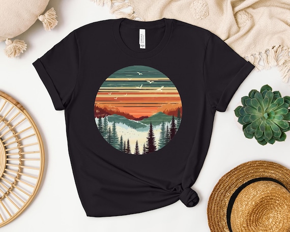 Retro Pine Trees Sunset Shirt, Adventure Nature Printed T-Shirt, Vintage Camping Tee, Mountain Hiking Shirt, Outdoors Gift for Him or Her