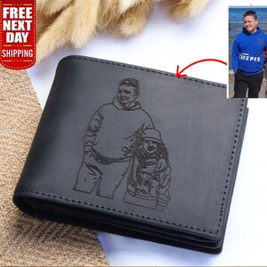 Benutzerdefinierte Papa Foto gravierte Brieftasche, personalisierte Skizze vom Foto Leder Brieftasche, Monogramm Geschenk für ihn, gravierte Vatertagsbrieftasche für Papa