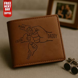 Custom Dad Fist Bump Leather Wallets, Personalised Kids Name Engraved Wallet for Dad, Fathers Day Gift from Kids, Best Dad Ever Wallet Gift