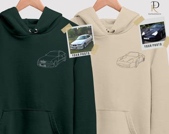 Custom Embroidered Car Hoodie, Personalized Car Portrait from Photo Hoodie, Classic Car Guy Matching Jumpers, Anniversary Gift for Hubby
