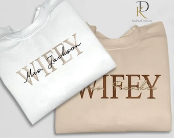 Personalised Wifey Hubby Sweatshirt, Embroidered Mr & Mrs Name Sweatshirt, Special Date on Sleeve Matching Jumpers, Newlywed Gift for Bride