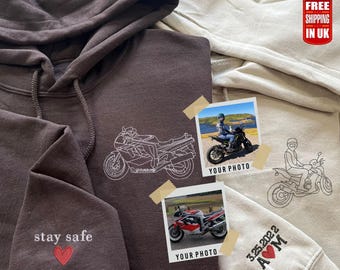 Embroidered Bike Hoodie, Custom Photo Outline Portrait Hoodie, Motor Bike Lovers Matching Jumper, Personalised Name on Sleeves, Gift for Him