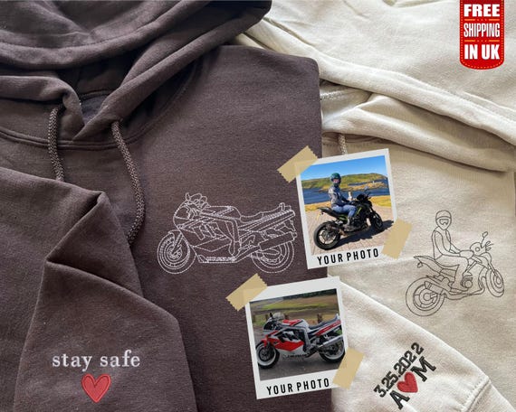 Embroidered Bike Hoodie, Custom Photo Outline Portrait Hoodie, Motor Bike Lovers Matching Jumper, Personalised Name on Sleeves, Gift for Him