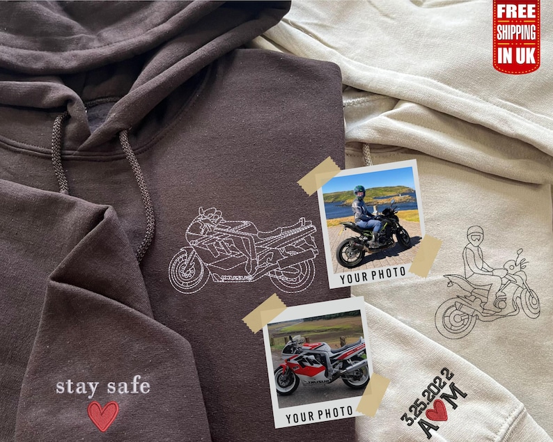 Sudadera con capucha de bicicleta bordada, sudadera con retrato personalizado con foto, jersey a juego para amantes de las motos, nombre personalizado en las mangas, regalo para él imagen 1