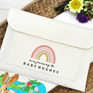 May include: Off-white envelope with a flap, featuring a rainbow graphic in pink, peach, green, and gold. The text "our journey to BABY HUGHES" is printed below the rainbow. The envelope is placed on a woven basket.