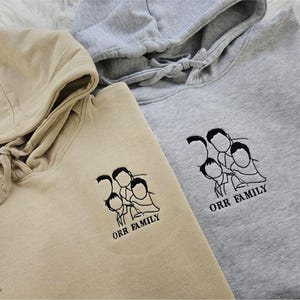 Embroidered Family Photo Portrait Hoodie, Custom Outline Sketch from Photo Hoodie, Personalised Initials Matching Hoody, Xmas Gift for Him