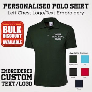 Embroidered Your Text/Logo Polo Shirt, Personalised Company Logo Workwear Polo, Custom Designs Monogram Polo Shirts, Any Business Logo Polo