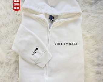 Embroidered Roman Numeral Zip up Hoodie, Personalised Wedding Date Couple Hoodies, Custom Initials Matching Jumpers, Christmas Gift for Him