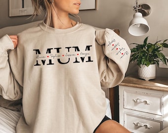 Custom Kids Name On Sleeve and Chest Jumper, Mum Monogram Printed Sweatshirt, Personalised Mama Crewneck Sweater, Mothers Day Gifts for Mum