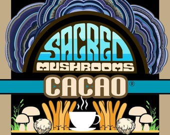 Könnte beinhalten: Produktetikett für "Sacred Mushrooms Cacao" mit stilisiertem Design. Das Etikett enthält den Text "Sea Salt & Ginger Blend" und "Mushroom Cacao". Das Produkt enthält 127,57 Gramm.