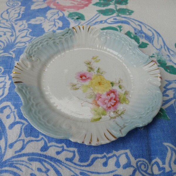 Vintage Cottage Plate Dessert Bread Cabinet Blue White Pink Yellow Flowers - Treasury Item