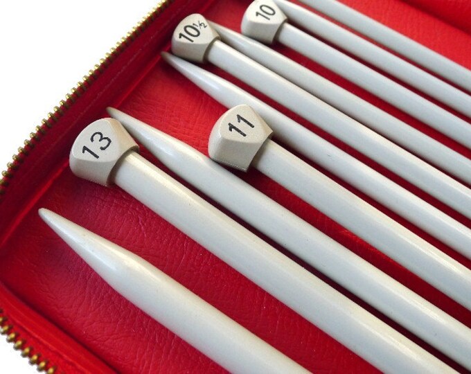 Vintage Bernat Aero Knitting Needles Set Bright Red Case Made in