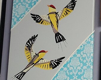 Decoupaged European Goldfinches - Original Mixed Media Painting on Canvas