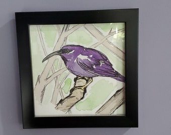 Purple Honeycreeper Bird India Ink Painting - Original