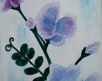 Blue and Purple Sweet Pea Flower Painting - Original Paiting on Canvas