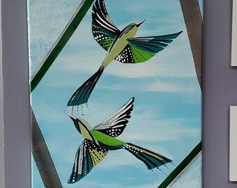 Decoupaged Hummingbirds - Original Mixed Media Painting on Canvas