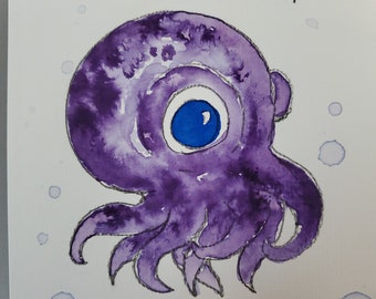 Stubby Squid India Ink Watercolor Painting - Original