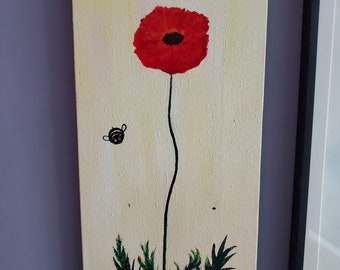 Red Poppy and Bumblebee - Original Painting on Canvas