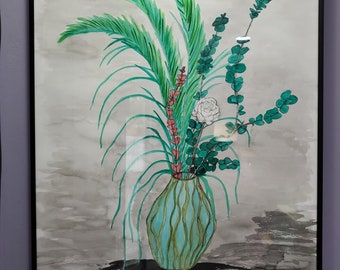 Vase with Peacock Feather Arrangement - India Ink Painting - Original