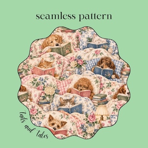 Könnte beinhalten: Ein nahtloses Muster mit verschiedenen Hunden und Katzen, die in geblümter und karierter Bettwäsche Bücher lesen. Das Design zeigt mehrere Haustiere, Bücherstapel und eine kleine Lampe, mit dem Text seamless pattern und tails and tales.