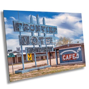 Vintage Route 66 Motel Sign Print: Frontier Motel Wall Art, Retro Arizona Decor, Mid-Century Western Photo