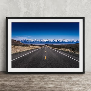 Snowy Nevada Mountains Photograph: US-50 Loneliest Highway Open Road Print, Blue Sky Decor