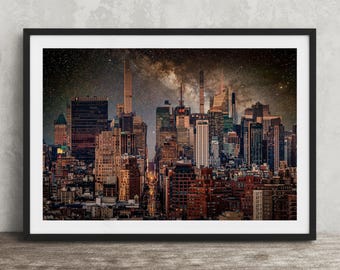 Manhattan NYC Milky Way Galaxy Print: New York Cityscape Photo, Modern Urban Wall Art