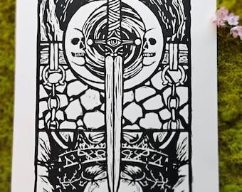 Handprinted Gothic Fantasy Linocut Art Print