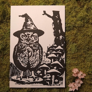 Handmade Owl Linocut Print: Fantasy Art (4x6 A6)
