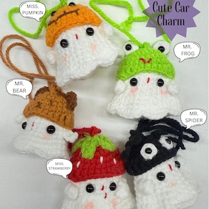 Handmade Crochet Ghost And Pumpkin Car Charm, Crochet Ghost Car Hanging, Ghost Car Charm, Halloween Car Accessory, Halloween Gift