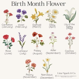 以下が含まれることがあります： 「誕生月の花」と題された花の図表には、カーネーション、スミレ、ラッパズイセン、デイジー、スズラン、バラ、ラークスパー、ポピー、アスター、コスモス、シャクヤク、スイセンなど、各月に対応するさまざまな花の水彩イラストが掲載されています。