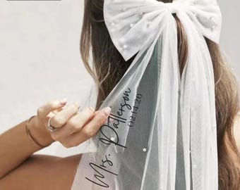 Personalised Bridal Veil,Pearl Veil and Hair Bow Clip for Bachelorette party,Engaged Headband Decorations,Bridal Shower Gift, Party Bow