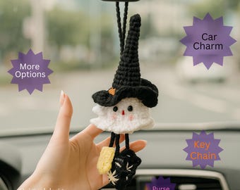 Handmade Crochet Ghost And Pumpkin Car Charm, Crochet Ghost Car Hanging, Ghost Car Charm, Halloween Car Accessory, Halloween Gift, Bag Charm