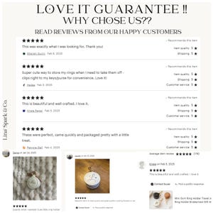 以下が含まれることがあります： リングホルダー製品の顧客レビューの画像。レビューは肯定的で、顧客はアイテムの品質と利便性を挙げています。「LOVE IT GUARANTEE !!」と「WHY CHOSE US??」というテキストが含まれています。